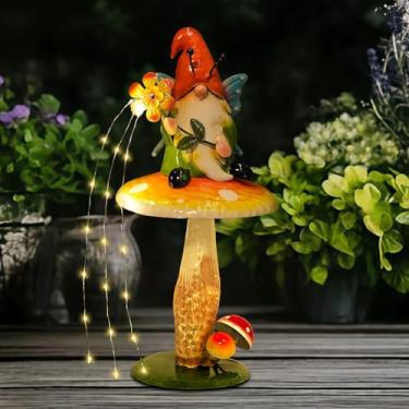 Imagem de Estatueta de gnomo de jardim solar, à prova d'água, decoração de cogumelo ao ar livre com luzes solares externas para quintal, pátio, enfeites de gramado, presentes ideais para mamãe avó, mulheres
