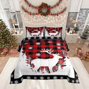 Imagem de Manfei Conjunto de edredom de Natal tamanho Queen, conjunto de cama com estampa de floco de neve de árvore de veado de Natal 3 peças para decoração de quarto de crianças, meninos e meninas, preto vermelho, conjunto de colcha com 2 fronhas
