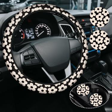 Imagem de Capa de volante de flor fofa, capa de volante de neoprene antiderrapante, acessórios de carro pretos fofos para mulheres e homens, ajuste universal de 38 cm para automóvel, SUVS, inclui 2 porta-copos