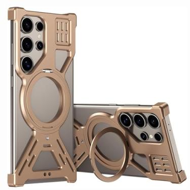 Imagem de HUHUCASE Capa para celular Samsung S22/S23/S24/25Ultra oca Metal Suporte Rotativo Magnético Capa Protetora Antiqueda (Desert Gold, S23Ultra)
