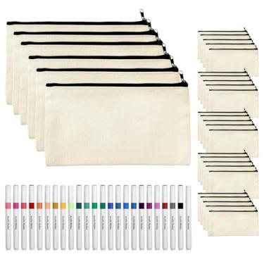 Imagem de AMAZBE Pacote com 36 sacos de maquiagem de lona em branco a granel com 24 marcadores de tecido, 21 x 13 cm, bolsas de cosméticos para pintura DIY, bolsa de higiene de viagem, organizador para bolsa