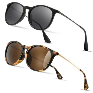 Imagem de SUNGAIT Óculos de sol redondos vintage premium para mulheres e homens, estilo clássico retrô moderno, Pacote com 2 (polarizado): preto fosco/cinza + leopardo brilhante/marrom, One Size