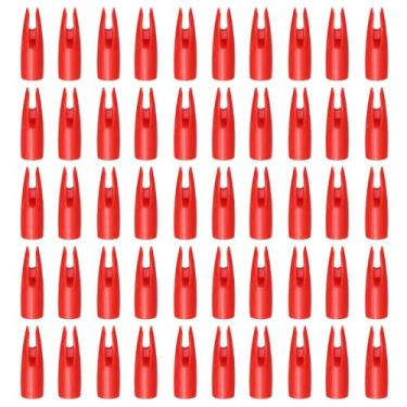 Imagem de YELARXI Nocks de flecha de tiro com arco, 8 mm/0,8 cm ID plástico cola em substituição de seta para (caça faça-você-mesmo/composto/arco recurvo/arco composto) e 50 peças, plástico e vermelho