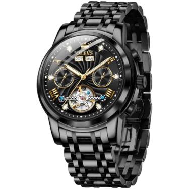 Imagem de OLEVS Relógios mecânicos automáticos masculinos luxuosos, relógio de pulso de diamante, preto, esqueleto, turbilhão, aço inoxidável