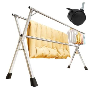 Imagem de Escorredor de roupas de aço inoxidável resistente - Suporte de lavanderia dobrável e retrátil de 160 cm com rodas para uso interno/externo, capacidade de 200 cm, design que economiza espaço