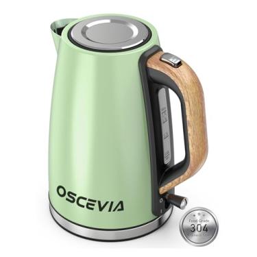 Imagem de Chaleira elétrica para água fervente, janela de água visual de 1,7 L, chaleira elétrica de aço inoxidável, chaleira de água quente sem BPA, desligamento automático e proteção contra fervura, verde