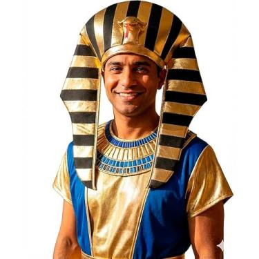 Imagem de Acessório pra Fantasia de Faraó Chapéu Egípcio Nemés Luxo Adulto Com Cobra Dourada Spandex