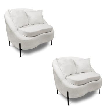 Imagem de Poltrona Decorativa Orgânica Pé De Metal Preto Kit 2 Zaya Bouclê C05 - D'rossi Off White