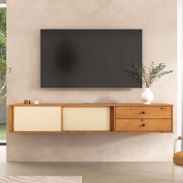 Imagem de Rack Flutuante 175 cm 2 Portas de Correr Palha Natural TV 75 Madeira Freijó Simona