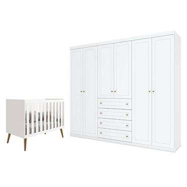 Imagem de Berço Americano Isis Branco Acetinado Savana - Reller e Guarda Roupa Casal Americano 6 Portas Branco HP - Henn