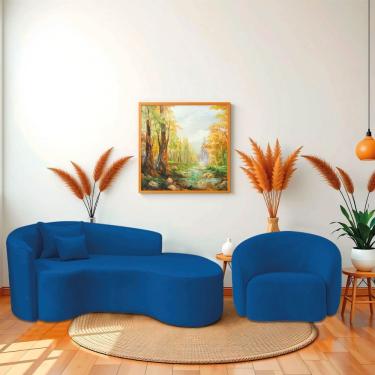Imagem de Kit Recamier Curvo Sala De Estar Inglaterra 180cm Lado Direito E Poltrona Orgânica Luxo Amore Linho Azul Royal