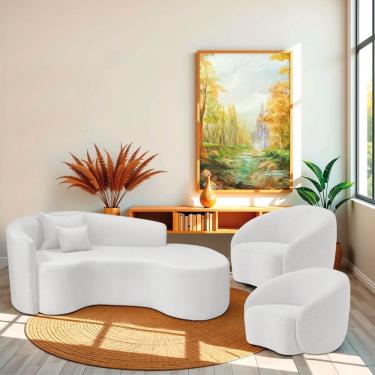 Imagem de Kit Recamier Curvo Sala De Estar Inglaterra 180cm Lado Direito E 2 Poltronas Orgânica Luxo Amore Bouclé Branco