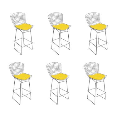 Imagem de Kit 6 Banquetas Bistrô Bertoia Cromada D80 Com Assento Sintético Amarelo