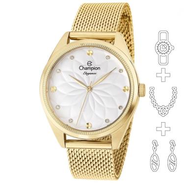 Imagem de Relógio Champion Kit Feminino Dourado Esteira Cn26993e