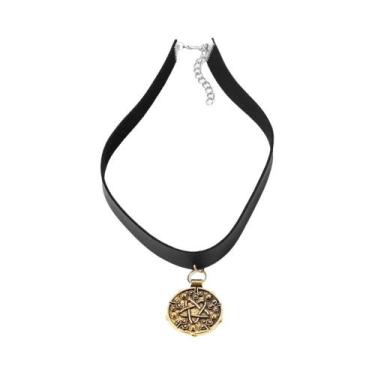 Imagem de Colar Gargantilha Feminino De Couro Preto Com Pingente Medalhão Yennef