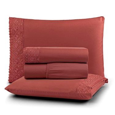 Imagem de Jogo De Lençol Nobre Casal 4 Peças Micropercal 200 Fios Bordado Inglês Fino - Canela - 100% Poliéster