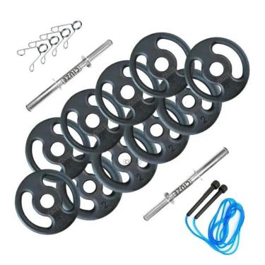 Imagem de Kit Halteres 14Kg Anilhas e Barras + Corda - Treino em Casa-Unissex