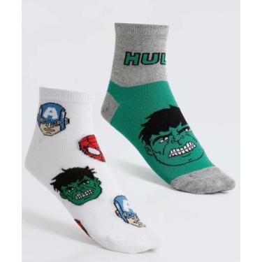 Imagem de Kit 2 Pares Meias Infantil Cano Curto Hulk Marvel-53018, Cinza, Branco