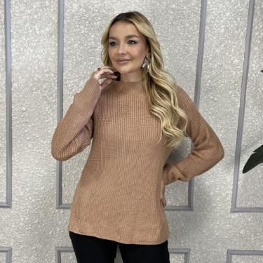 Imagem de Blusa Feminina Tricô Manga Longa Crochê Macia Look Moderno Inverno Cas