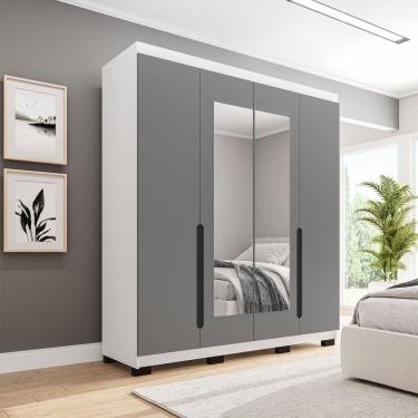 Imagem de Guarda-Roupa Casal Madrid 4 Portas 4 Gavetas com Espelho Cinza/Branco - Politorno