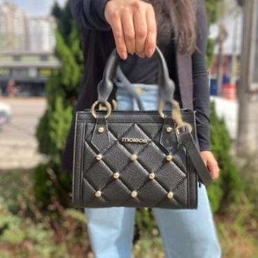 Imagem de Bolsa Feminina Moleca Espaçosa Média Quadrada Aplicações Preto Lisa-Feminino