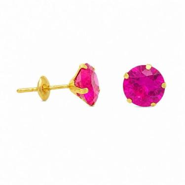 Imagem de Brinco em Ouro 18K com Zircônia Redonda Rosa - Joia Elegante - Justino
