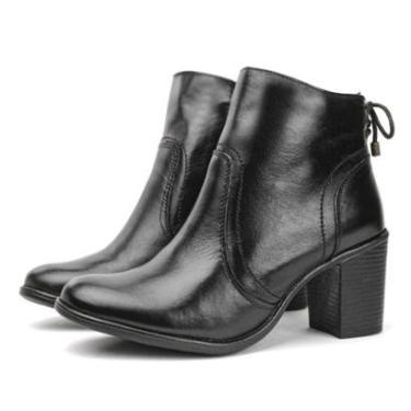 Imagem de Bota Couro Feminina Cano Curto Salto Médio Bloco Fachete Amarração Casual Preto-Feminino