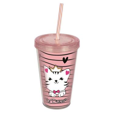 Imagem de Copo com Canudo Acrílico 550ml Temático Gato com Tampa Removível