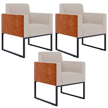 Imagem de Kit 03 Poltronas Decorativas Sala Base fixa Metal Helô L02 Linho Bege Couríssimo Camel - Lyam Decor