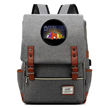 Imagem de Mochila retrô com estampa Among Space Game, mochila escolar retrô unissex (com USB), Cinza claro, Large, Clássico