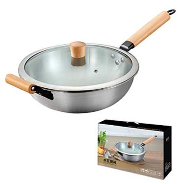 Imagem de Uma frigideira Wok de aço inoxidável 18/10 revestida com várias camadas com tampa cúpula e cesto vaporizador, cabo de madeira de 32 cm
