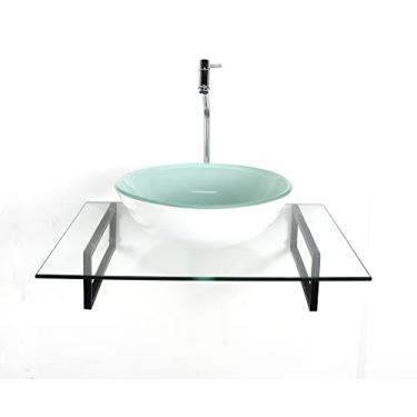 Imagem de KIT CUBA DE VIDRO REDONDA BRANCA COM TAMPO 60CM INCOLOR E SUPORTE PRETO