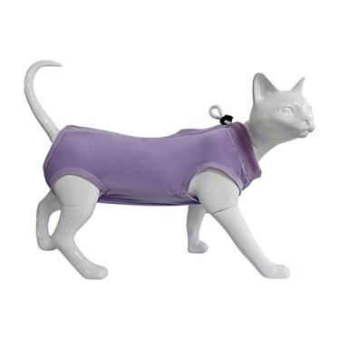 Imagem de 5 peças de terno de recuperação ajustável para gatos castrados e desmames, camisa cirúrgica pós-operatória para gatos machos e mulheres, E-collar substituto, roxo, M(BUST34 cm)