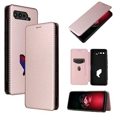 Imagem de Capa flip para Asus ROG Phone 5 capa flip de fibra de carbono PU + TPU híbrida, capa carteira à prova de choque com alça de suporte, compartimentos para cartões antiqueda para Asus ROG Phone 5 (rosa, Asus ROG Phone 5)