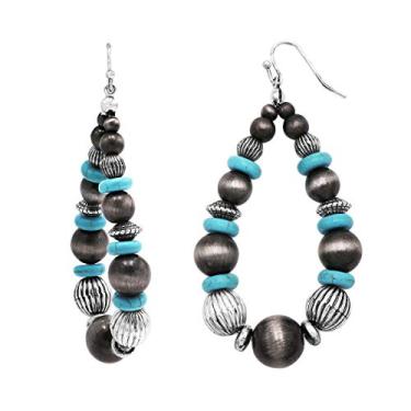 Imagem de Rosemarie & Jubalee Brincos femininos de argola oval, estilo sudoeste com contas turquesa, 7,6 cm, Metal, Howlita tingida