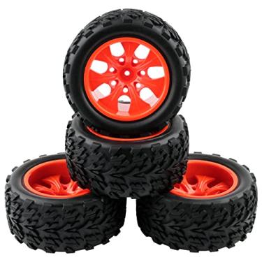 Imagem de Rchobbytop 4pcs Monster Truck Wheels and Tires for 12mm Hex 1/10 Off Road RC Truck Traxxas Stampede Redcat Arrma OD 120mm/4.72 Inch Tyre Red Wheel Rim with Locking Nuts Washers and Wrench