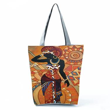 Imagem de Bolsas femininas afro douradas impressas bolsa de ombro moda bonita bolsa de compras ecológica portátil bolsa de praia de alta capacidade, Hl1584