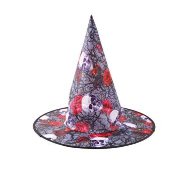 Imagem de Chapéu de bruxa infantil Bestgift chapéu de feiticeiro fantasia de Halloween chapéu caveira + flor vermelha