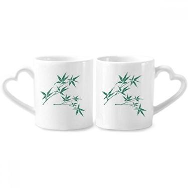Imagem de Conjunto de canecas de porcelana para casal de bambu da cultura verde com alça de coração