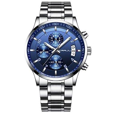 Imagem de CRRJU Moda Relógio De Pulso Inoxidável Para Homem De Aço Inoxidável, Calendário À Prova D'Água, Com Cronógrafo, Preto 42 Mm Prata Azul