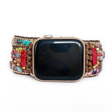 Imagem de Pulseira de relógio com contas feitas à mão compatível com iWatch 45 mm, 44 mm, 42 mm, pulseira de relógio UBeesize boêmia compatível com Apple Watch SE Series 8, 7, 6, 5, 4, 3, 2, 1 para mulheres e homens