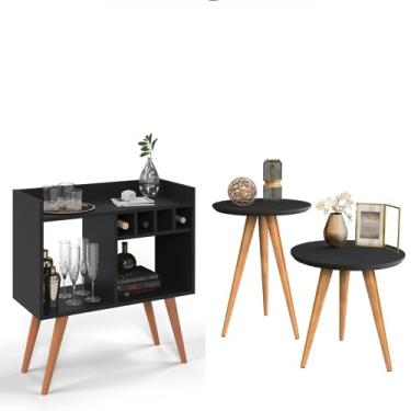 Imagem de Aparador Buffet Bar com Adega Rubi e Conjunto de Mesas Apoio e Lateral Classic Retrô - Quality Móveis (KIT-PRETO)