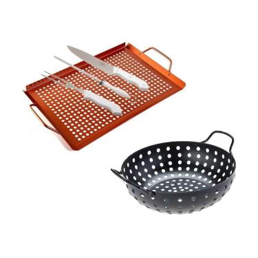 Imagem de Conjunto Churrasco 5 Pçs Wok Bandeja Faca Garfo Chaira Prana