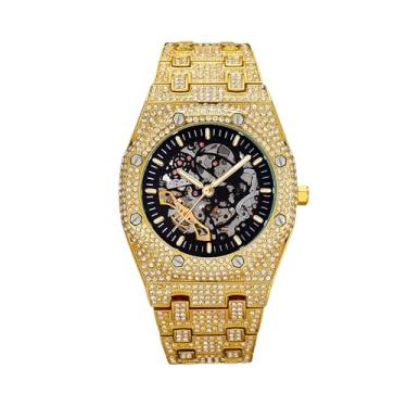 Imagem de ICEDIAMOND Relógio de pulso automático mecânico de 43 mm, mostrador de esqueleto com diamante CZ brilhante e mostrador de esqueleto para homens, Dourado, Mecânica