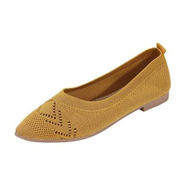 Imagem de CsgrFagr Moda feminina cor sólida respirável tricô pontiagudo raso sapatos casuais taupe sandálias femininas, Amarelo, 7.5