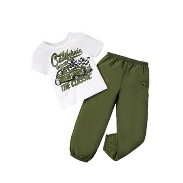 Imagem de SOLY HUX Conjunto de camiseta e calça de manga curta com estampa de carro de 2 peças para meninas, Carta verde-militar, 5Y