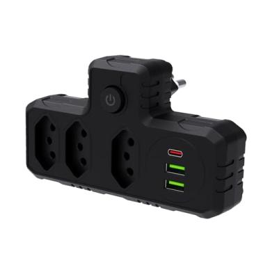 Imagem de Extensão Tomada, Régua Tomada, Régua de Energia, Adaptador Tomada, 3 Tomadas, 2 Interfaces USB, 1 Porta USB Tipo-C (Preto)