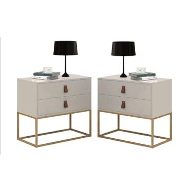 Imagem de kit 2 mesa de cabeceira lateral retro off white unic 60cm base de metal dourado