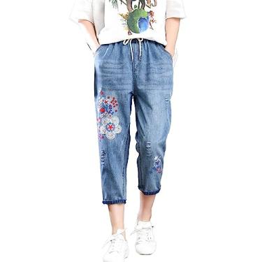 Imagem de Calça jeans cropped feminina moderna elástica cintura elástica plus size carpinteiro jeans capri Y2K, Vermelho, GG