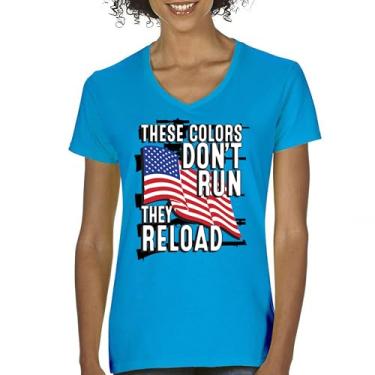 Imagem de Camiseta feminina gola V These Colors Don't Run They Reload 2nd Amendment 2A Don't Tread on Me Second Right Camiseta com bandeira americana, Turquesa, XXG